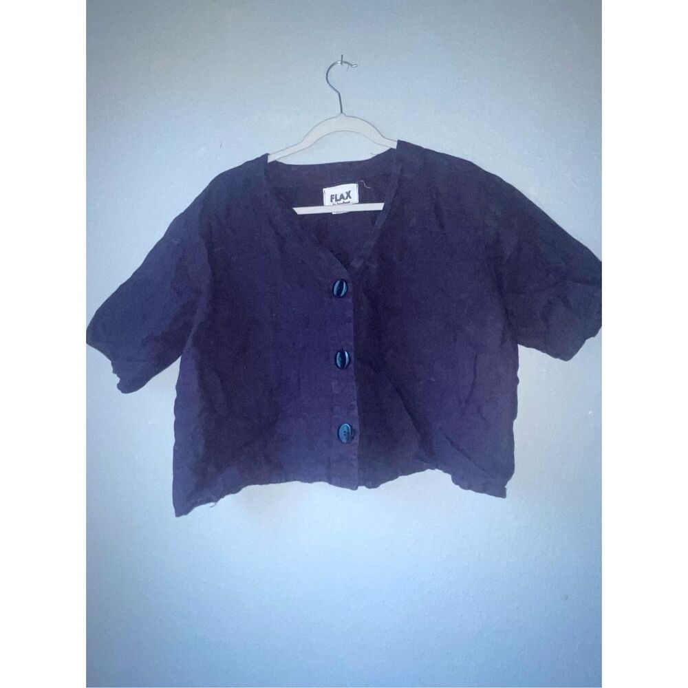 Flax by Angelheart 100%linen purple button front crop blouse SZ LG.